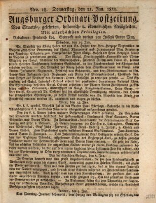 Augsburger Ordinari Postzeitung von Staats-, gelehrten, historisch- u. ökonomischen Neuigkeiten (Augsburger Postzeitung) Donnerstag 21. Januar 1830