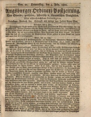 Augsburger Ordinari Postzeitung von Staats-, gelehrten, historisch- u. ökonomischen Neuigkeiten (Augsburger Postzeitung) Donnerstag 4. Februar 1830