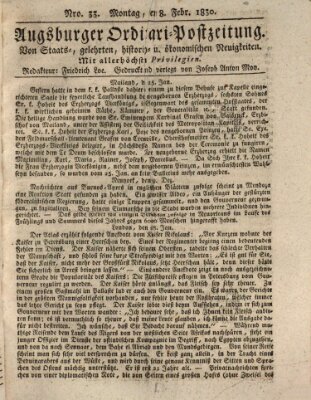 Augsburger Ordinari Postzeitung von Staats-, gelehrten, historisch- u. ökonomischen Neuigkeiten (Augsburger Postzeitung) Montag 8. Februar 1830