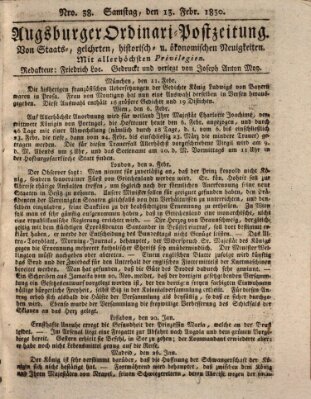 Augsburger Ordinari Postzeitung von Staats-, gelehrten, historisch- u. ökonomischen Neuigkeiten (Augsburger Postzeitung) Samstag 13. Februar 1830