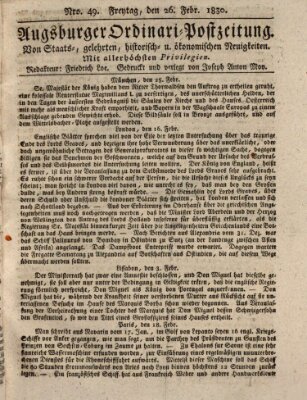 Augsburger Ordinari Postzeitung von Staats-, gelehrten, historisch- u. ökonomischen Neuigkeiten (Augsburger Postzeitung) Freitag 26. Februar 1830