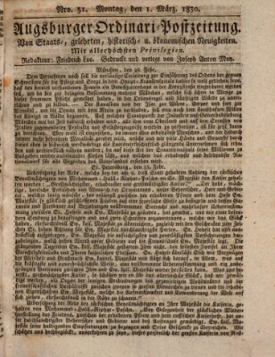 Augsburger Ordinari Postzeitung von Staats-, gelehrten, historisch- u. ökonomischen Neuigkeiten (Augsburger Postzeitung) Montag 1. März 1830