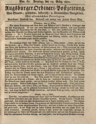 Augsburger Ordinari Postzeitung von Staats-, gelehrten, historisch- u. ökonomischen Neuigkeiten (Augsburger Postzeitung) Freitag 19. März 1830