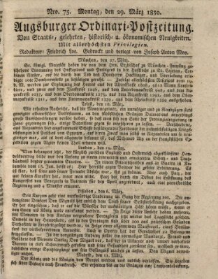 Augsburger Ordinari Postzeitung von Staats-, gelehrten, historisch- u. ökonomischen Neuigkeiten (Augsburger Postzeitung) Montag 29. März 1830