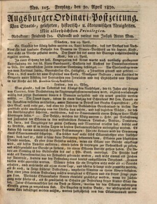 Augsburger Ordinari Postzeitung von Staats-, gelehrten, historisch- u. ökonomischen Neuigkeiten (Augsburger Postzeitung) Freitag 30. April 1830