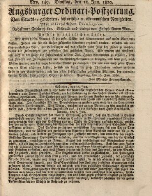 Augsburger Ordinari Postzeitung von Staats-, gelehrten, historisch- u. ökonomischen Neuigkeiten (Augsburger Postzeitung) Dienstag 15. Juni 1830
