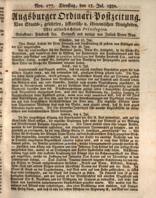 Augsburger Ordinari Postzeitung von Staats-, gelehrten, historisch- u. ökonomischen Neuigkeiten (Augsburger Postzeitung) Dienstag 13. Juli 1830