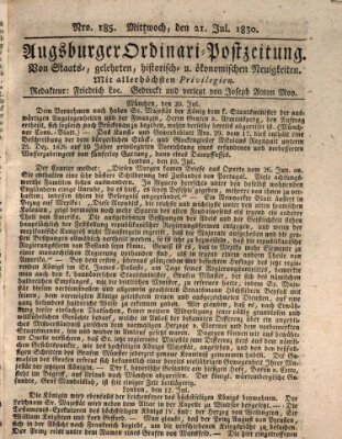 Augsburger Ordinari Postzeitung von Staats-, gelehrten, historisch- u. ökonomischen Neuigkeiten (Augsburger Postzeitung) Mittwoch 21. Juli 1830