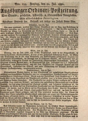 Augsburger Ordinari Postzeitung von Staats-, gelehrten, historisch- u. ökonomischen Neuigkeiten (Augsburger Postzeitung) Freitag 30. Juli 1830