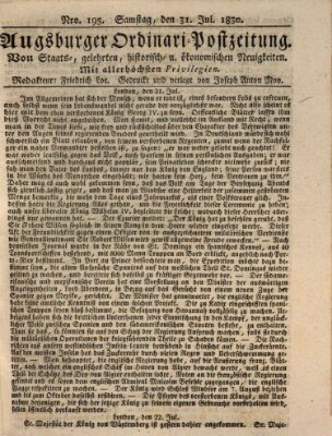 Augsburger Ordinari Postzeitung von Staats-, gelehrten, historisch- u. ökonomischen Neuigkeiten (Augsburger Postzeitung) Samstag 31. Juli 1830