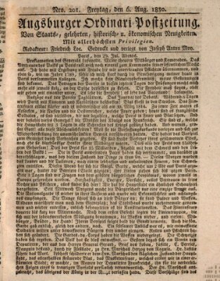 Augsburger Ordinari Postzeitung von Staats-, gelehrten, historisch- u. ökonomischen Neuigkeiten (Augsburger Postzeitung) Freitag 6. August 1830