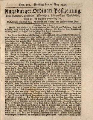 Augsburger Ordinari Postzeitung von Staats-, gelehrten, historisch- u. ökonomischen Neuigkeiten (Augsburger Postzeitung) Montag 9. August 1830