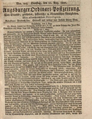 Augsburger Ordinari Postzeitung von Staats-, gelehrten, historisch- u. ökonomischen Neuigkeiten (Augsburger Postzeitung) Dienstag 10. August 1830