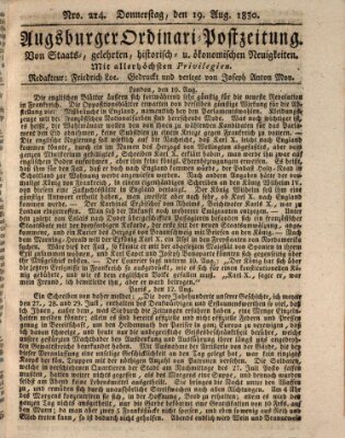 Augsburger Ordinari Postzeitung von Staats-, gelehrten, historisch- u. ökonomischen Neuigkeiten (Augsburger Postzeitung) Donnerstag 19. August 1830