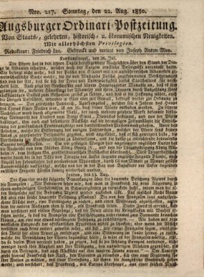 Augsburger Ordinari Postzeitung von Staats-, gelehrten, historisch- u. ökonomischen Neuigkeiten (Augsburger Postzeitung) Sonntag 22. August 1830