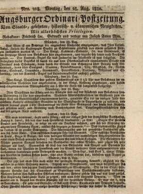 Augsburger Ordinari Postzeitung von Staats-, gelehrten, historisch- u. ökonomischen Neuigkeiten (Augsburger Postzeitung) Montag 23. August 1830