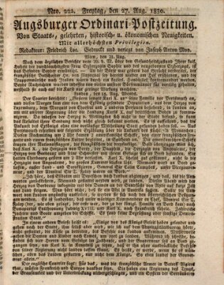 Augsburger Ordinari Postzeitung von Staats-, gelehrten, historisch- u. ökonomischen Neuigkeiten (Augsburger Postzeitung) Freitag 27. August 1830