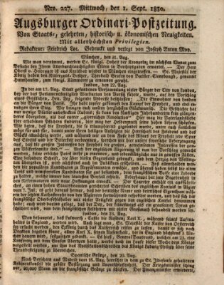 Augsburger Ordinari Postzeitung von Staats-, gelehrten, historisch- u. ökonomischen Neuigkeiten (Augsburger Postzeitung) Mittwoch 1. September 1830