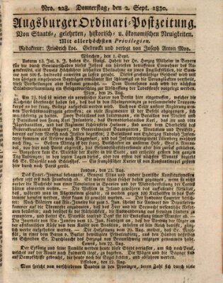 Augsburger Ordinari Postzeitung von Staats-, gelehrten, historisch- u. ökonomischen Neuigkeiten (Augsburger Postzeitung) Donnerstag 2. September 1830