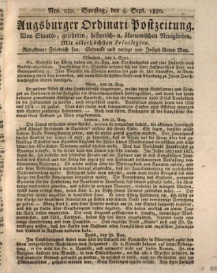 Augsburger Ordinari Postzeitung von Staats-, gelehrten, historisch- u. ökonomischen Neuigkeiten (Augsburger Postzeitung) Samstag 4. September 1830