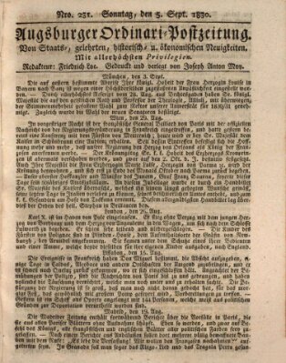 Augsburger Ordinari Postzeitung von Staats-, gelehrten, historisch- u. ökonomischen Neuigkeiten (Augsburger Postzeitung) Sonntag 5. September 1830