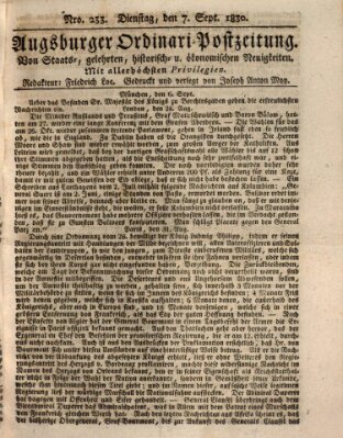 Augsburger Ordinari Postzeitung von Staats-, gelehrten, historisch- u. ökonomischen Neuigkeiten (Augsburger Postzeitung) Dienstag 7. September 1830