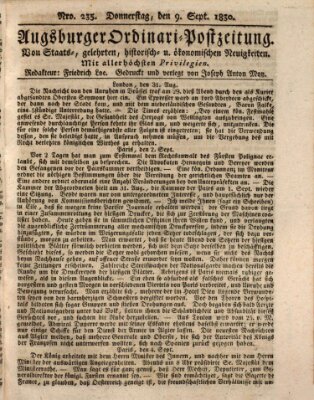 Augsburger Ordinari Postzeitung von Staats-, gelehrten, historisch- u. ökonomischen Neuigkeiten (Augsburger Postzeitung) Donnerstag 9. September 1830
