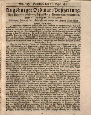 Augsburger Ordinari Postzeitung von Staats-, gelehrten, historisch- u. ökonomischen Neuigkeiten (Augsburger Postzeitung) Samstag 11. September 1830