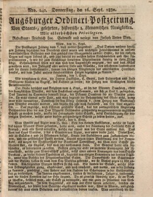 Augsburger Ordinari Postzeitung von Staats-, gelehrten, historisch- u. ökonomischen Neuigkeiten (Augsburger Postzeitung) Donnerstag 16. September 1830