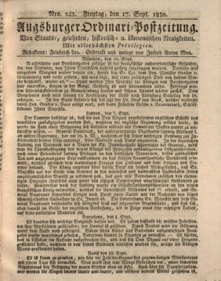 Augsburger Ordinari Postzeitung von Staats-, gelehrten, historisch- u. ökonomischen Neuigkeiten (Augsburger Postzeitung) Freitag 17. September 1830