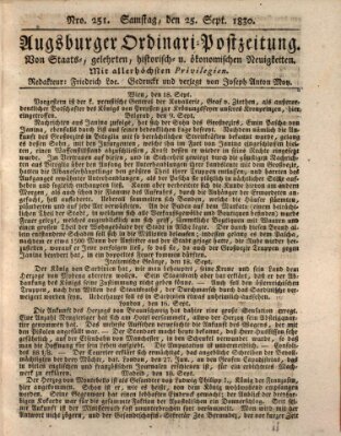 Augsburger Ordinari Postzeitung von Staats-, gelehrten, historisch- u. ökonomischen Neuigkeiten (Augsburger Postzeitung) Samstag 25. September 1830