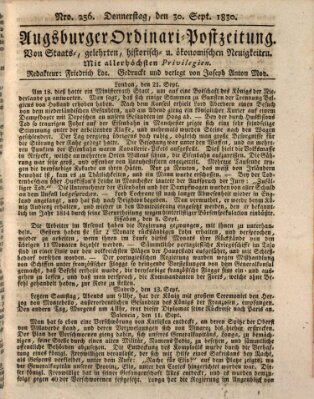 Augsburger Ordinari Postzeitung von Staats-, gelehrten, historisch- u. ökonomischen Neuigkeiten (Augsburger Postzeitung) Donnerstag 30. September 1830