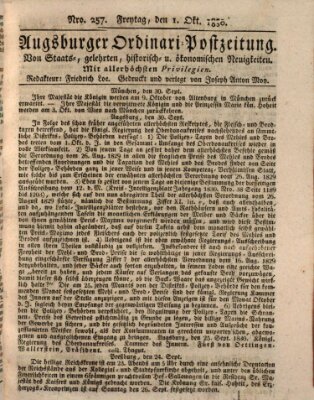 Augsburger Ordinari Postzeitung von Staats-, gelehrten, historisch- u. ökonomischen Neuigkeiten (Augsburger Postzeitung) Freitag 1. Oktober 1830