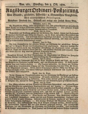 Augsburger Ordinari Postzeitung von Staats-, gelehrten, historisch- u. ökonomischen Neuigkeiten (Augsburger Postzeitung) Dienstag 5. Oktober 1830