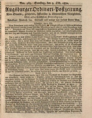 Augsburger Ordinari Postzeitung von Staats-, gelehrten, historisch- u. ökonomischen Neuigkeiten (Augsburger Postzeitung) Samstag 9. Oktober 1830