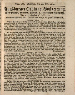 Augsburger Ordinari Postzeitung von Staats-, gelehrten, historisch- u. ökonomischen Neuigkeiten (Augsburger Postzeitung) Dienstag 12. Oktober 1830