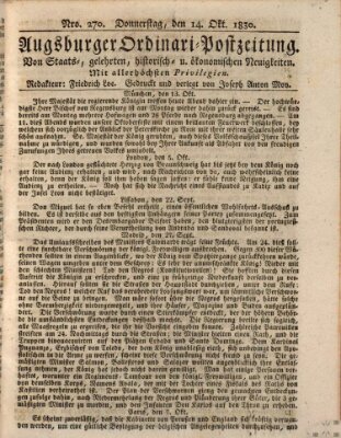 Augsburger Ordinari Postzeitung von Staats-, gelehrten, historisch- u. ökonomischen Neuigkeiten (Augsburger Postzeitung) Donnerstag 14. Oktober 1830