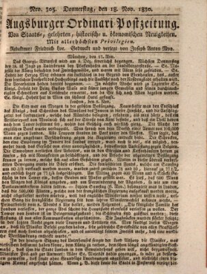 Augsburger Ordinari Postzeitung von Staats-, gelehrten, historisch- u. ökonomischen Neuigkeiten (Augsburger Postzeitung) Donnerstag 18. November 1830