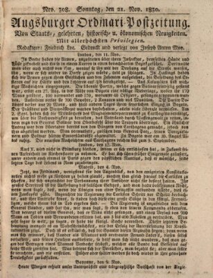 Augsburger Ordinari Postzeitung von Staats-, gelehrten, historisch- u. ökonomischen Neuigkeiten (Augsburger Postzeitung) Sonntag 21. November 1830