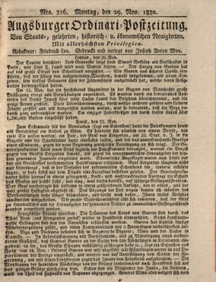 Augsburger Ordinari Postzeitung von Staats-, gelehrten, historisch- u. ökonomischen Neuigkeiten (Augsburger Postzeitung) Montag 29. November 1830