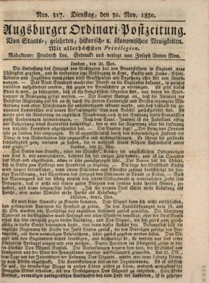 Augsburger Ordinari Postzeitung von Staats-, gelehrten, historisch- u. ökonomischen Neuigkeiten (Augsburger Postzeitung) Dienstag 30. November 1830