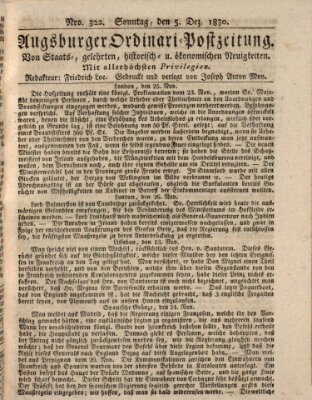 Augsburger Ordinari Postzeitung von Staats-, gelehrten, historisch- u. ökonomischen Neuigkeiten (Augsburger Postzeitung) Sonntag 5. Dezember 1830