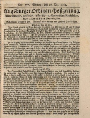 Augsburger Ordinari Postzeitung von Staats-, gelehrten, historisch- u. ökonomischen Neuigkeiten (Augsburger Postzeitung) Montag 20. Dezember 1830