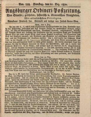 Augsburger Ordinari Postzeitung von Staats-, gelehrten, historisch- u. ökonomischen Neuigkeiten (Augsburger Postzeitung) Dienstag 21. Dezember 1830