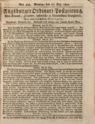 Augsburger Ordinari Postzeitung von Staats-, gelehrten, historisch- u. ökonomischen Neuigkeiten (Augsburger Postzeitung) Montag 27. Dezember 1830