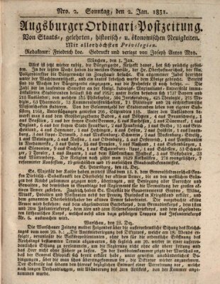 Augsburger Ordinari Postzeitung von Staats-, gelehrten, historisch- u. ökonomischen Neuigkeiten (Augsburger Postzeitung) Sonntag 2. Januar 1831