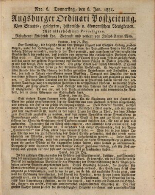 Augsburger Ordinari Postzeitung von Staats-, gelehrten, historisch- u. ökonomischen Neuigkeiten (Augsburger Postzeitung) Donnerstag 6. Januar 1831