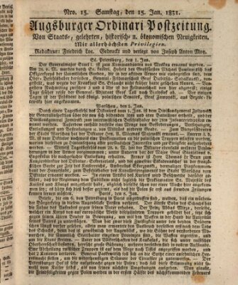 Augsburger Ordinari Postzeitung von Staats-, gelehrten, historisch- u. ökonomischen Neuigkeiten (Augsburger Postzeitung) Samstag 15. Januar 1831