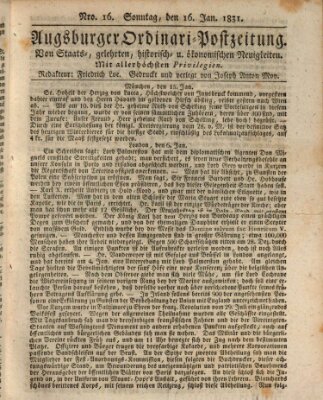 Augsburger Ordinari Postzeitung von Staats-, gelehrten, historisch- u. ökonomischen Neuigkeiten (Augsburger Postzeitung) Sonntag 16. Januar 1831