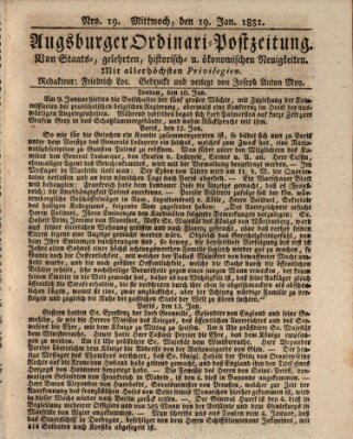 Augsburger Ordinari Postzeitung von Staats-, gelehrten, historisch- u. ökonomischen Neuigkeiten (Augsburger Postzeitung) Mittwoch 19. Januar 1831